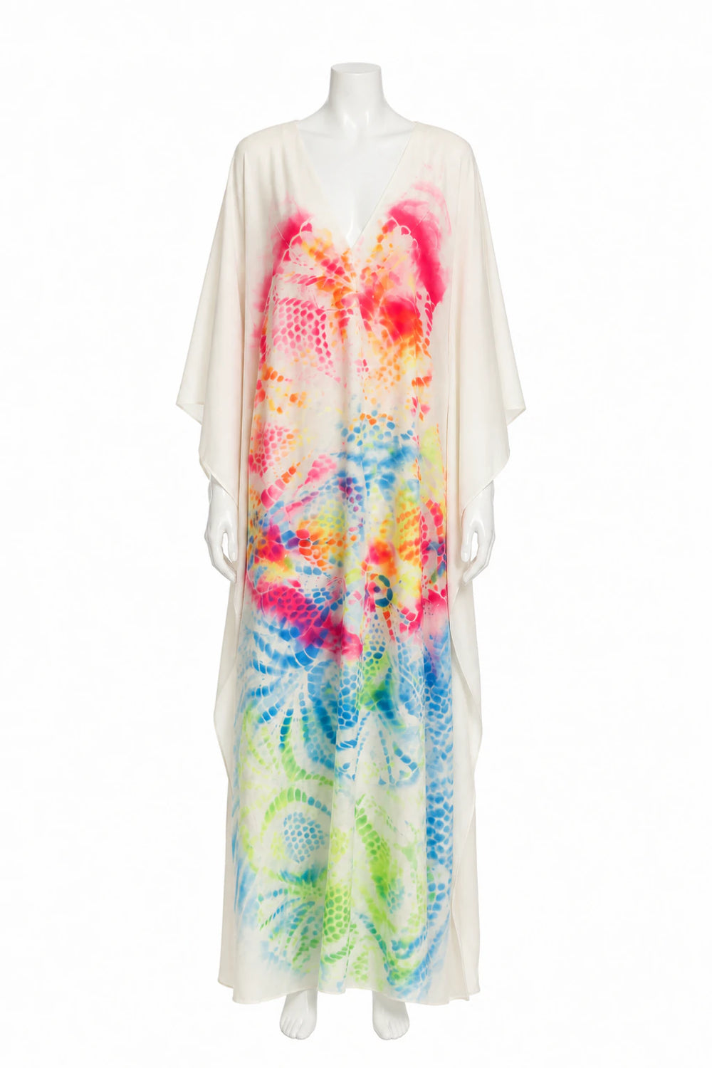 Langer heller Kaftan mit pinken, blauen und grünen Farbmotiven auf weißer Schaufensterpuppe · Vorderansicht