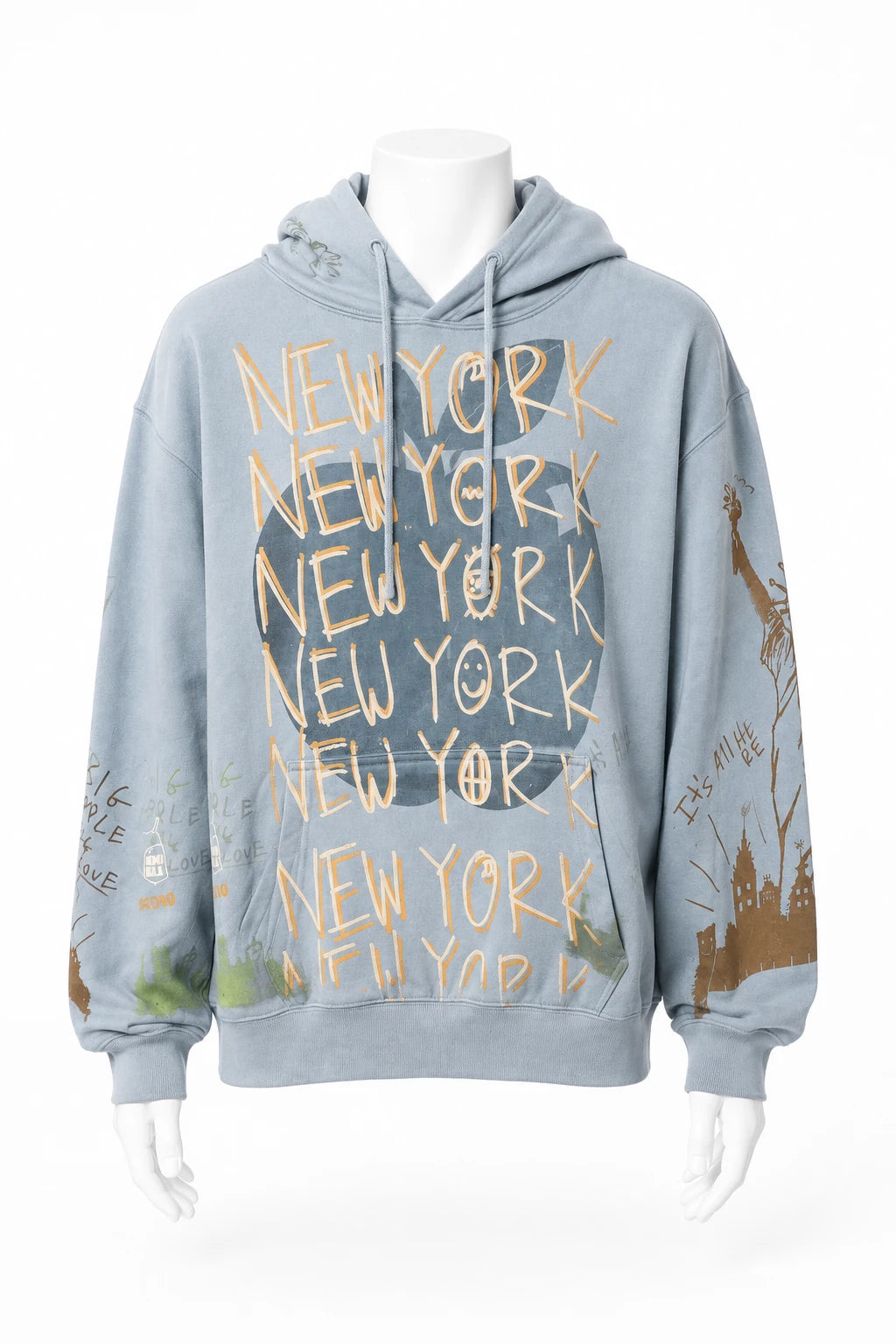 Grauer Oversized-Hoodie mit orangefarbenem New-York-Schriftbild auf weißer Schaufensterpuppe · Vorderansicht